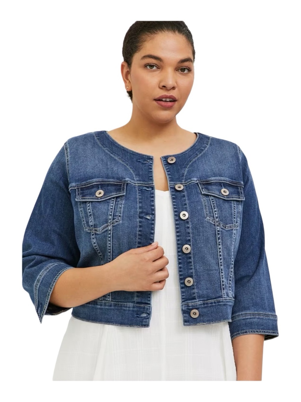 Torrid Denim Crop Collarless Jacket - medium Blue size 1X
